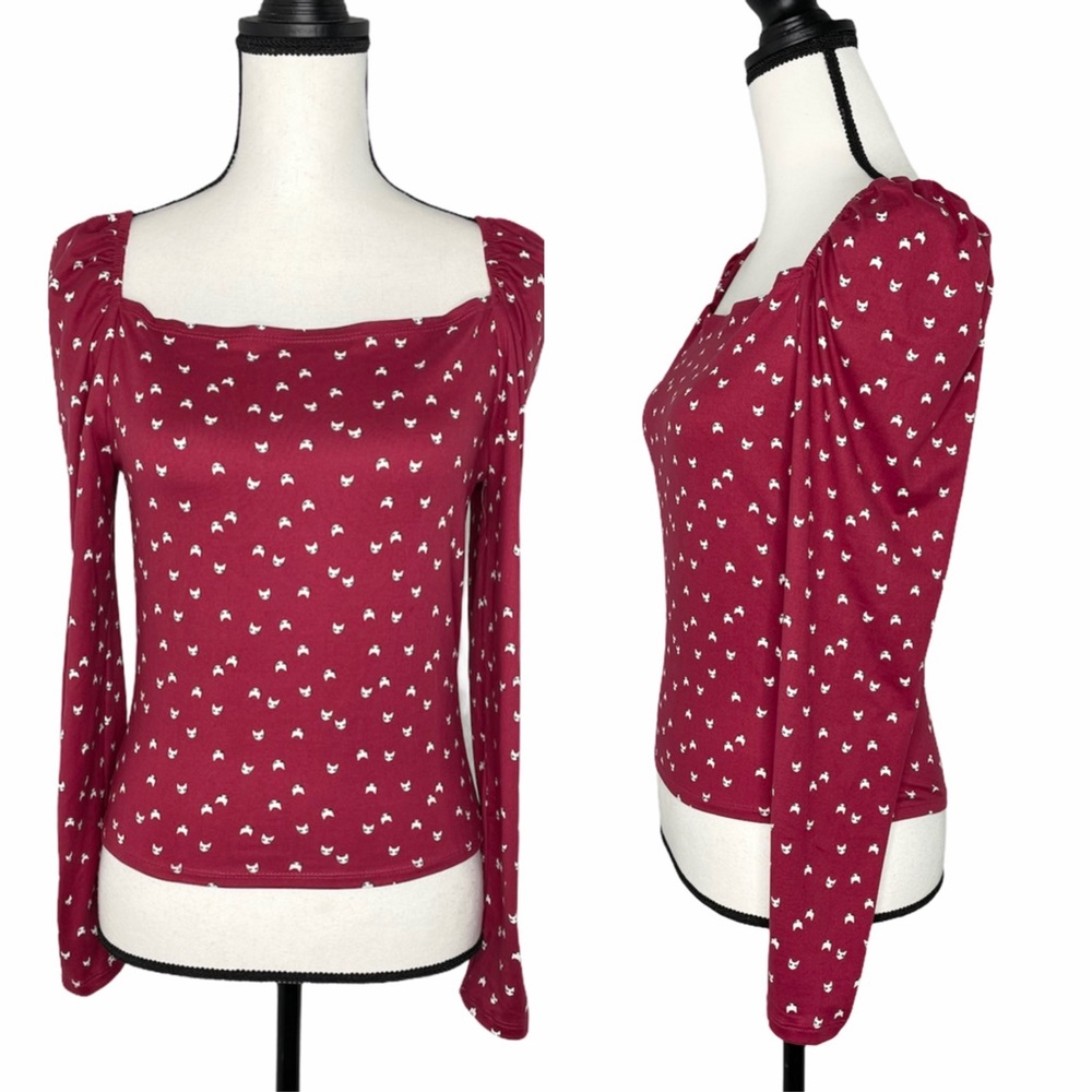 Daisy May Cat Print Long Sleeve Red Top Medium